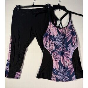 Women's 2-Piece Swimwesr Set Tank Top & Capri Pants Black Purple Floral M